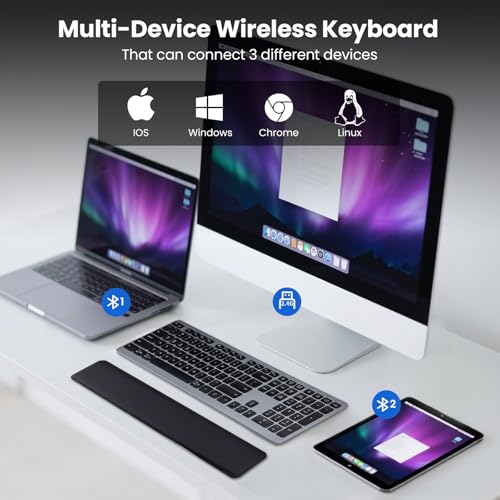 Wireless Keyboard, Bluetooth Keyboard with Leather Palm Rest, Backlighting, Multi-Device Pairing, USB C Rechargeable, for Windows, Mac, iOS, Android, Chrome, Office, Students, Long Hours Typing