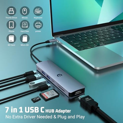 USB C HUB, 7 in 1 Hub Adapter, HDMI Output, 100W Power Delivery, USB C 3.0, Two USB 3.0 Ports, SD/TF Card Reader, Perfect for USB C Laptops Dell XPS/HP/Surface and Other Type