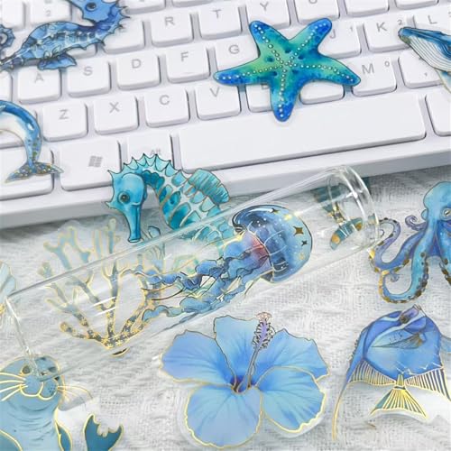 50PCS Cute Marine Life Gold-Embossed Waterproof Stickers for Water Bottle, Cool Marine Creatures Transparent Stickers Pack for Laptop, Scrapbook, Ocean Animal Blue Golden Decals Gift (Colourful-B7) - color: Colourful-b7