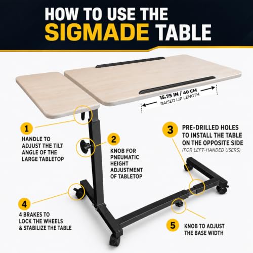 Recliner Table, Over the Bed Table with Wheels, Adjustable Width & Height, with Split Tilt Design & 4 Caster Wheels with Brakes (Beechwood Tabletop, Black Base) - color: Beechwood, Black Base