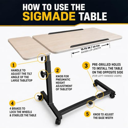 Recliner Table, Over the Bed Table with Wheels, Adjustable Width & Height, with Split Tilt Design & 4 Caster Wheels with Brakes (Beechwood Tabletop, Black Base) - color: Beechwood, Black Base