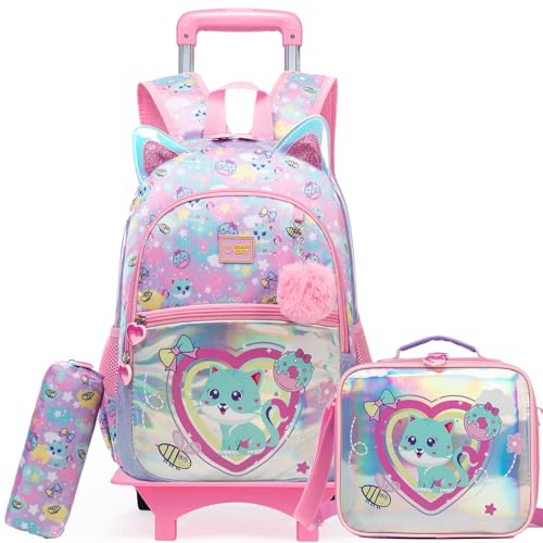 Rolling Backpack for Kids Girls Rolling Backpack for School Roller Backpacks for Girls 8-12 Cute Schoolbag Backpacks with Wheels for Kids with Lunch Box Back to School Supplies - color: Pink Cute Cat