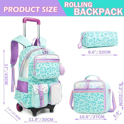 Meetbelify Girls Rolling Backpack with Wheels - Cute Kawaii Carry On Backpack for Elementary Students - Lunch Box Included - Travel Suitcase for Girls 8-10 - color: Love Green