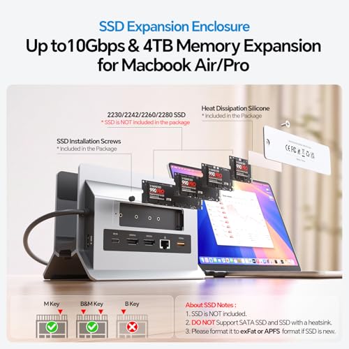 MacBook Docking Station Dual Monitor 4K@60Hz with M.2 NVMe SSD Enclosure | PULWTOP Vertical USB C Laptop Stand Dock for MacBook M5/M4 Pro/Max, 2 HDMI, PD, USB A/C 10Gbps, Ethernet, Space-Saving - Gray
