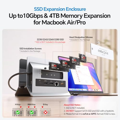 MacBook Docking Station Dual Monitor 4K@60Hz with M.2 NVMe SSD Enclosure | PULWTOP Vertical USB C Laptop Stand Dock for MacBook M5/M4 Pro/Max, 2 HDMI, PD, USB A/C 10Gbps, Ethernet, Space-Saving - Gray