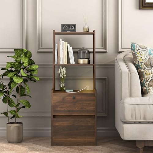 Modern Smart Nightstand with Night Light & Charging Station, Night Stand with Bookshelf, Lockable Bedside Cabinet Tables with 2 Storage Drawers for Bedroom Home Office - color: Wood