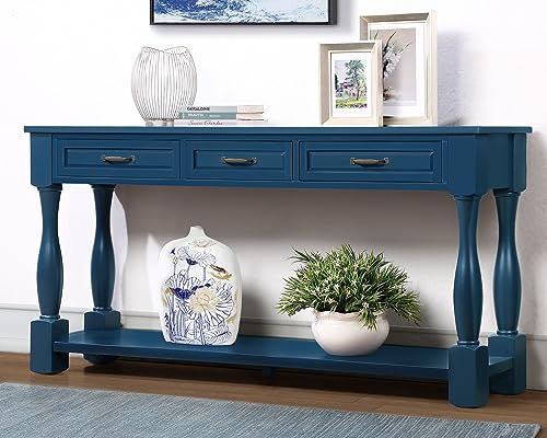 63.4"Solid Wood Console Table with Drawers,Sofa Table,Entryway Table | Navy Blue Console Table with 3 Drawers and Bottom Shelf;Solid Wood Narrow Sofa Table for Hallway,Foyer,Easy Assembled - color: Blue