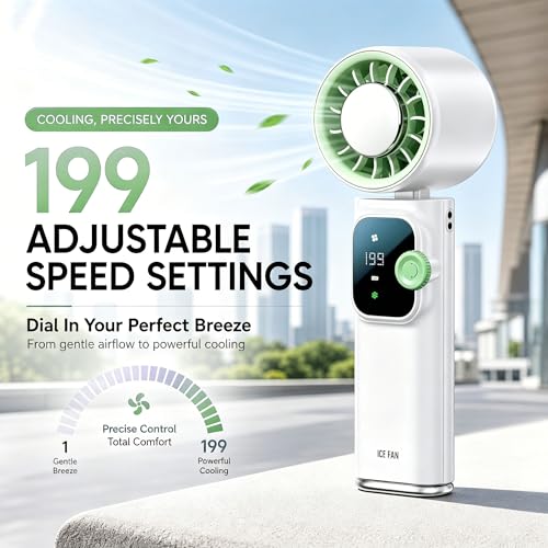 Portable Handheld Fan with Ice Cooling, Personal Rechargeable Fan 20000RPM,199-Speed Mini Neck Fan with 4000mAh Battery Powered up to 15hrs with LED Display for Travel, Camping & Outdoor, White - color: White-Green