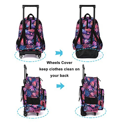 Tilami Rolling Backpack 18 inch Double Handle with Lunch Bag Wheeled Kids Backpack, Leaves Pink - color: Leaves Pink