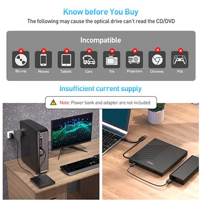ORIGBELIE External CD DVD Drive, Ultra Slim CD Burner USB 3.0 with 4 USB Ports and 2 TF/SD Card Slots, Optical Disk Drive for Laptop Mac, PC Windows 11/10/8/7 Linux OS - size: 5.6" x 6" x 0.7"