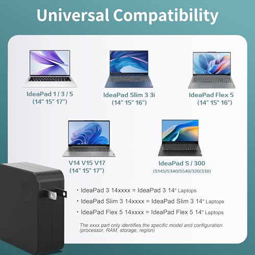 Charger for Lenovo Laptop 65W, Lengthened Power Cord, Round Tip AC Adapter Compatible with IdeaPad 1/3/5, Slim 3/5/7, Flex 5 (14/15/16), V14/V15/V17, S145, S340, 320/330 Series for Home Office Travel