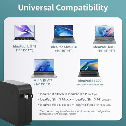Charger for Lenovo Laptop 65W, Lengthened Power Cord, Round Tip AC Adapter Compatible with IdeaPad 1/3/5, Slim 3/5/7, Flex 5 (14/15/16), V14/V15/V17, S145, S340, 320/330 Series for Home Office Travel