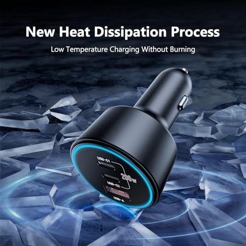 200W Super Fast Car Charger, Adapter with 2×100W USB C to C Cables, | USB C Car Charger PD3.0/QC4.0, 12V-24V Vehicle Compatible, LED Light & Overheat Protection