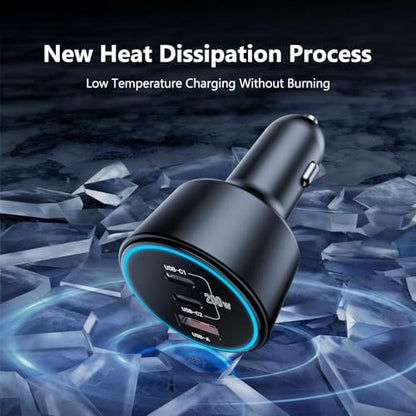 200W Super Fast Car Charger, Adapter with 2×100W USB C to C Cables, | USB C Car Charger PD3.0/QC4.0, 12V-24V Vehicle Compatible, LED Light & Overheat Protection