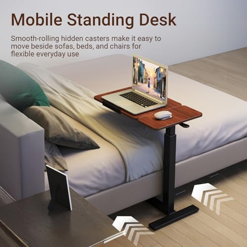 Haotian Overbed Table with Wheels, Adjustable Height Bedside Table with Tilting Desktop, Rolling Laptop Table with Side Shelf, Walnut and Black Mobile Desk for Bed, Sofa, Home Office - color: Walnut Brown and Black