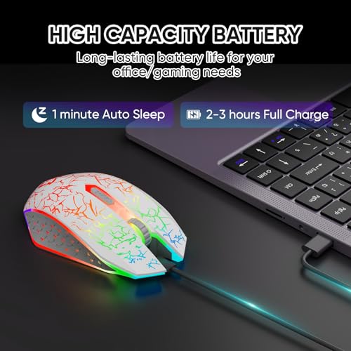 MELOGAGA Wireless Bluetooth Gaming Mouse, RGB Rechargeable, Silent, White | Dual-Mode Bluetooth & 2.4G, Rechargeable Battery, RGB Lighting, Silent Click, 3 DPI Levels for PC Laptop Desktop Mac - color: White
