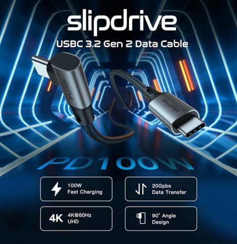 Slipdrive Short USB C to USB C 3.2 Gen 2 (12 in.) - 20Gbps, SSD HDD Hard Drive Cable - Right Angle High Speed Data Transfer 4K Video Output 90 Degree 100W Fast Charging (Black)