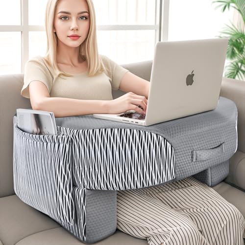 LEBENGURU Reading Pillow for Laptop, Extra Large Armrest for Bed, Stripe | Soft Foam Gaming Pillow for Working, Large Pockets, Hight Adjustable Lap Desk Pillow for Adult Sitting in Bed, Floor, Sofa - color: Ash Grey