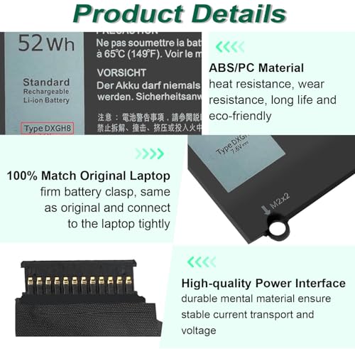 DXGH8 7.6V 52Wh Battery for Dell XPS 13 9370 9380 2019 Inspiron 13 7390 7391 2-in-1 5390 5391 7490 Latitude 3301 E3301 Vostro 5390 5391 Series 0H754V H754V G8VCF G8VCF6C HK6N5 P113G001 P82G P82G001 - size: 10.13*3.88*0.18inch