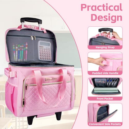 Rolling Teacher Bag with Detachable Cart - 1680D Waterproof Oxford Rolling Cart for Teachers, Large Capacity Tote with Wheels Fits 15.6" Laptop & Tablet(PINK) - color: pink