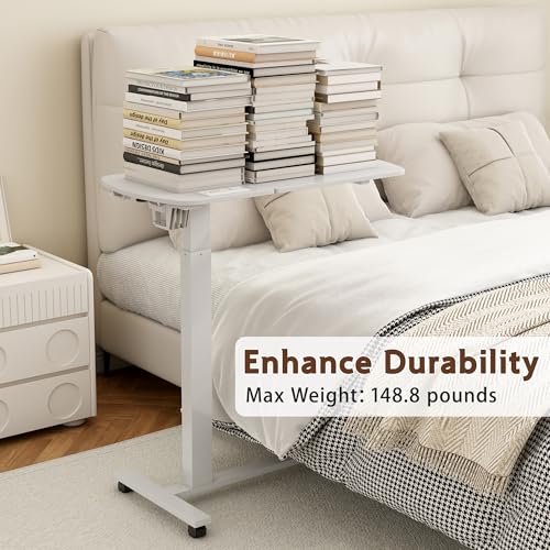 6 In 1 Overbed Table, 32'' Long Hospital Bed Table,Bedside Table (White) | 32'' Length, 0- 90°Adjustable Tilt, Standing Desk Charging Station, Cup Holder, Hook, 30''-43'' Height Home Hospital Office - color: White