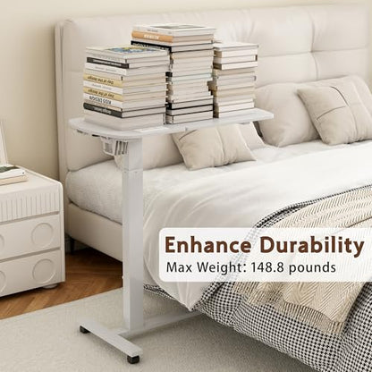 6 In 1 Overbed Table, 32'' Long Hospital Bed Table,Bedside Table (White) | 32'' Length, 0- 90°Adjustable Tilt, Standing Desk Charging Station, Cup Holder, Hook, 30''-43'' Height Home Hospital Office - color: White