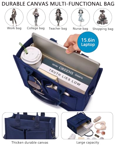 Canvas Tote Bag for Women,Women's Bags Crossbody Bags Work Laptop Tote Bag Large Handbags Purse for Travel Nurse Teacher - color: Navy Blue With Compartments