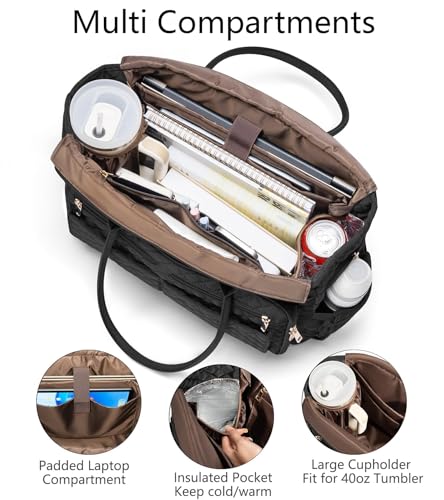 Bagstellar Teacher Tote Bag for Women, 15.6" Laptop Work Tote Computer Bag | Quilted Bible Nurse Bag with 40oz Cup Holder, Insulated Pocket & Strap, Large Laptop Briefcase for School Travel Office Gifts - color: Black
