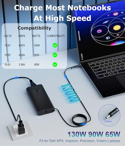 130W 4.5mm Round Tip AC Adapter Laptop Charger Replacement for Dell XPS 15 7590 9530 9550 9560 9570 Precision 5510 5520 5530 5540 M3800 0V363H HA130PM130 DA130PM130 06TTY6 0RN7NW Power Supply Cord - size: KT60W759070B3