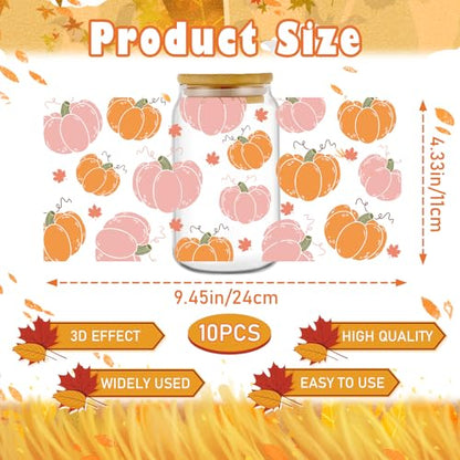 Rngmsi Fall UV DTF Stickers - 10 Sheets Pink Autumn UV DTF Cup Wraps for 16 oz Glass, Pumpkin Car Maple Leaf Drinking Rub on Transfer Stickers, Waterproof Uvdtf Decals for Water Bottle DIY Fall Crafts - style: Fall Pumpkin