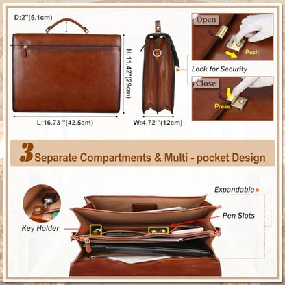 Banuce Leather Briefcase for Men with Lock Fits Laptop | Travel-friendly Luggage Strap,Lawyer Briefcase,Expandable,Detachable Shoulder Strap,Office Work,Business Travel - size: Large