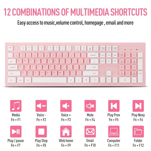 Wireless Silent Keyboard and Mouse Combo, Ultra-Slim Sleek Design Full-Sized Wireless Keyboard and Adjustable DPI Mouse, 2.4GHz USB Receiver for PC, Windows, MAC, Desktop, Laptop (Pink)