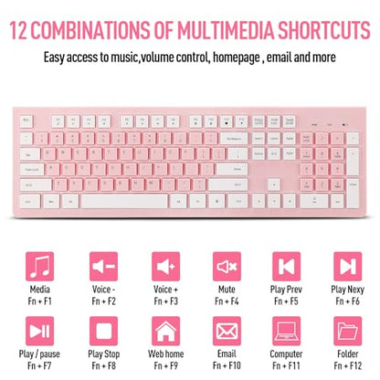 Wireless Silent Keyboard and Mouse Combo, Ultra-Slim Sleek Design Full-Sized Wireless Keyboard and Adjustable DPI Mouse, 2.4GHz USB Receiver for PC, Windows, MAC, Desktop, Laptop (Pink)