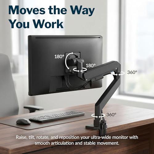 Vari Ultra-Wide Monitor Arm – VESA Compatible Monitor Mount for Flat & Curved Screens 57” & 59.4 lbs – Adjustable Arm with Tilt, Swivel, Rotation & Cable Management - size: Ultra-Wide Monitor Arm