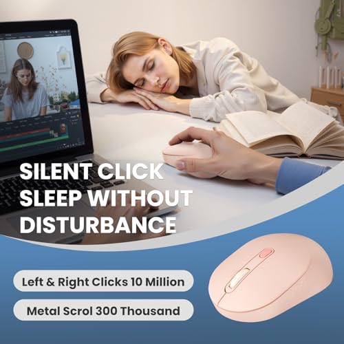 TECKNET 3-Device Portable Wireless Bluetooth Mouse for Laptop Pink | Silent Click, Ambidextrous Ergonomic Desigm, Adjustable 4800 DPI, Wide Compatibility for Laptop, PC, iPad, MacBook - color: Pink