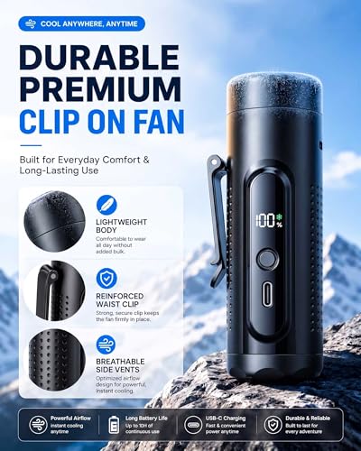 Mini Clip On Handheld Cooling Fan, 17000RPM 5 Speed Small Belt Fan with Ice Cooling Plate, Long Battery & LED Display, Portable Pocket Waist Fan for Travel Camping Hiking, Gifts for Men Women(Black) - color: Black