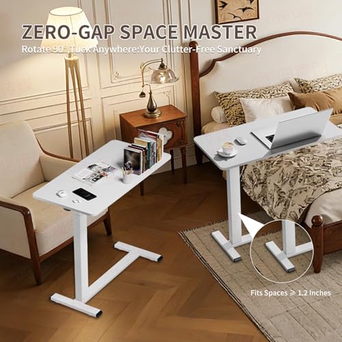 Ywin Medical Adjustable Overbed Bedside Table with Wheels, Rolling Standing Desk, Pneumatic Small Side Bed Table with Tray for Couch, Hospital, Home,Office Use (White) - color: White, size: 32''W X16''D