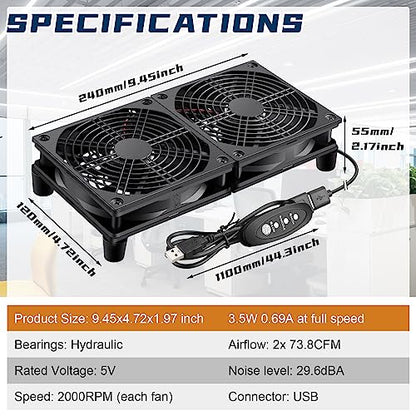 240mm Computer Pc Case 5V USB Powered Fan with Variable Speed Controller for Router WiFi Modem Cabinet Xbox DVR PlayStation Receiver Cooling - style: 2 x 120mm