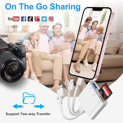 SD Card Reader for iPhone iPad Mac, 3 in 1 Memory SD Card Adapter, USB C & Lightning & USB-A Digital Camera Adapter to iPhone with SD/MicroSD/USB OTG Slots, High-Speed Plug & Play for Computer Laptop