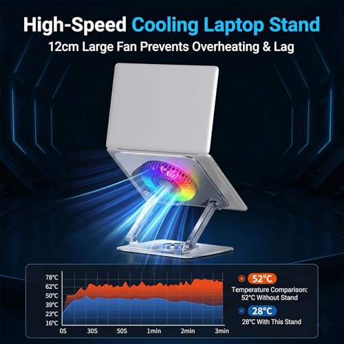 RGB Cooling Laptop Stand with 360° Rotating Base, Adjustable Foldable Laptop Riser, Ultra Quiet Fan for Heat Dissipation, Ergonomic Height Angle Laptop Stand Fit 10-17.3" Laptops/Tablets (Silver)