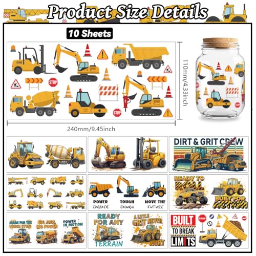 Construction Vehicle UV DTF Cup Wraps, 10 Sheets Transfer Sticker | Waterproof UV DTF Stickers, Custom Vinyl Decals for 16oz Coffee Cups Tumblers Bottles Mugs, DIY Gifts & Crafts - style: Construction Vehicles