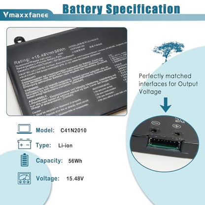 56Wh C41N2010 Laptop Battery Replacement for Asus ROG Strix G17 G713QE/ ROG Strix G15 G513IC G513IH G513QC G513QE Series 4ICP4/63/103 0B200-03890000 0B20003890000 4-Cell 15.48V - size: 9.29*3.19*0.28 inch C41N2010