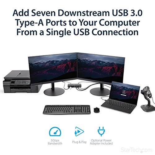 StarTech.com 7 Port USB 3.0 Hub – Up To 5 Gbps – 7 x USB – Universal Multi Port USB Extender for Your Desktop – USB Powered (ST7300USB3B)