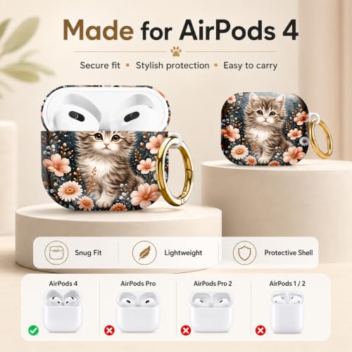Compatible with AirPod 4 Case 2024, Cute Hard Plastic Protective Cover for Airpod 4th Generation Women, Shockproof Shell Skin with Gold Ring Keychain,Cute Cat Floral - color: Cute Cat Floral