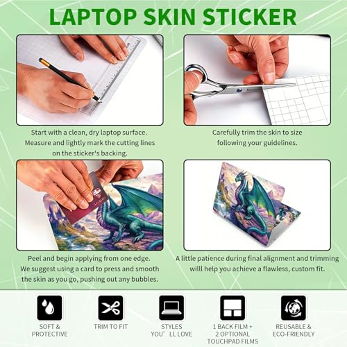 Laptop Skin Sticker Decal, Universal Protective Cover Fit 12 13 14 15.6 Inch Notebook, Reusable Water-Resistant Vinyl Decal w/ 2 Wrist Pads for Business Travel Office, Creek Green Dragon - color: Creek Green Dragon