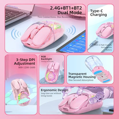 Wireless Bluetooth Mouse, Transparent BT+2.4G Dual-Mode Gaming Mouse with Magnetic Top Cover, Rechargeable RGB Backlit Computer Mouse for Laptop, PC, MacBook, iPad (Pink) - color: Pink