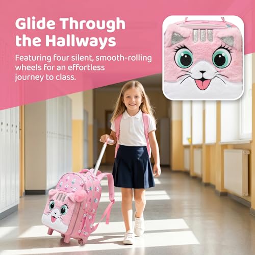 Kids Fluffy Cat Rolling Backpack for Girls, Pink School Bags | Trolley Suitcases Luggage Travel with Wheels Bookbag Wheeled 3PCS Roller Backpacks Set Toddler Back Pack Elementary - color: Pink-0121-maorong-mao