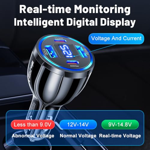 USB C Car Phone Charger Adapter with Voltmeter Compatible with iPhone 16 15 14 13 12 11, Android, Samsung, 100W 4 in 1 Multi-Port Fast Charging Cigarette Lighter USB Charger (Black) - color: Black