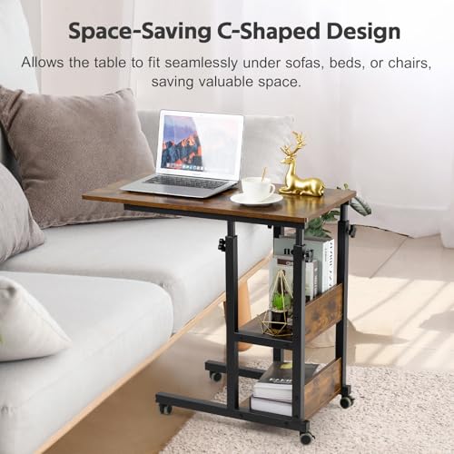 Hadulcet C Shaped Side Table Adjustable, Height Adjustable C Table with Wheels and Storage Shelves for Couch Bed Recliner Rustic Brown - color: Romantic Brown, style: Modern