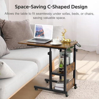 Hadulcet C Shaped Side Table Adjustable, Height Adjustable C Table with Wheels and Storage Shelves for Couch Bed Recliner Rustic Brown - color: Romantic Brown, style: Modern